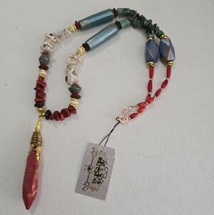 Treska Bohemian Mixed Media Necklace Red Point Pendant Turquoise Shell Beads NEW